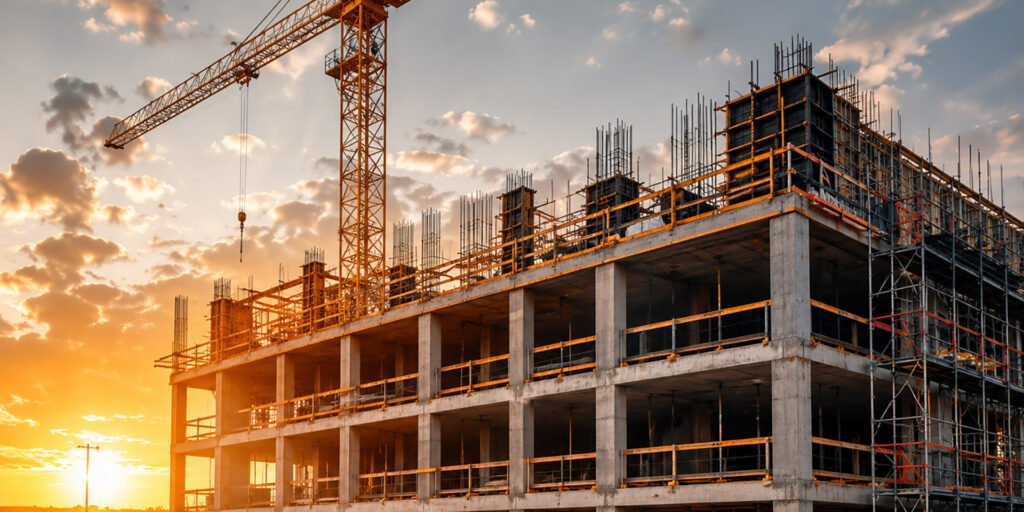 Mehrgeschossiger Betonrohbau mit Baukran und Gerüst auf einer Baustelle