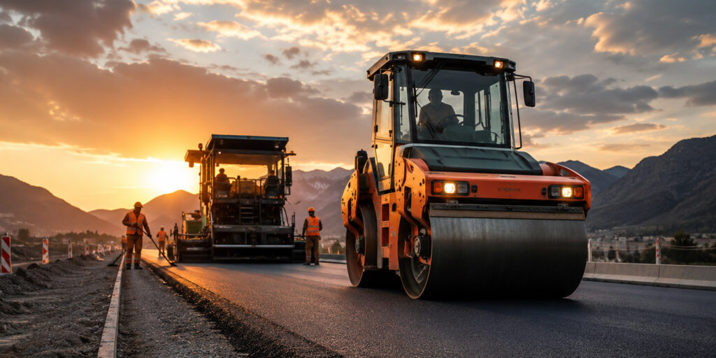 Asphaltfertiger und Straßenwalze bei der Asphaltierung einer Straße