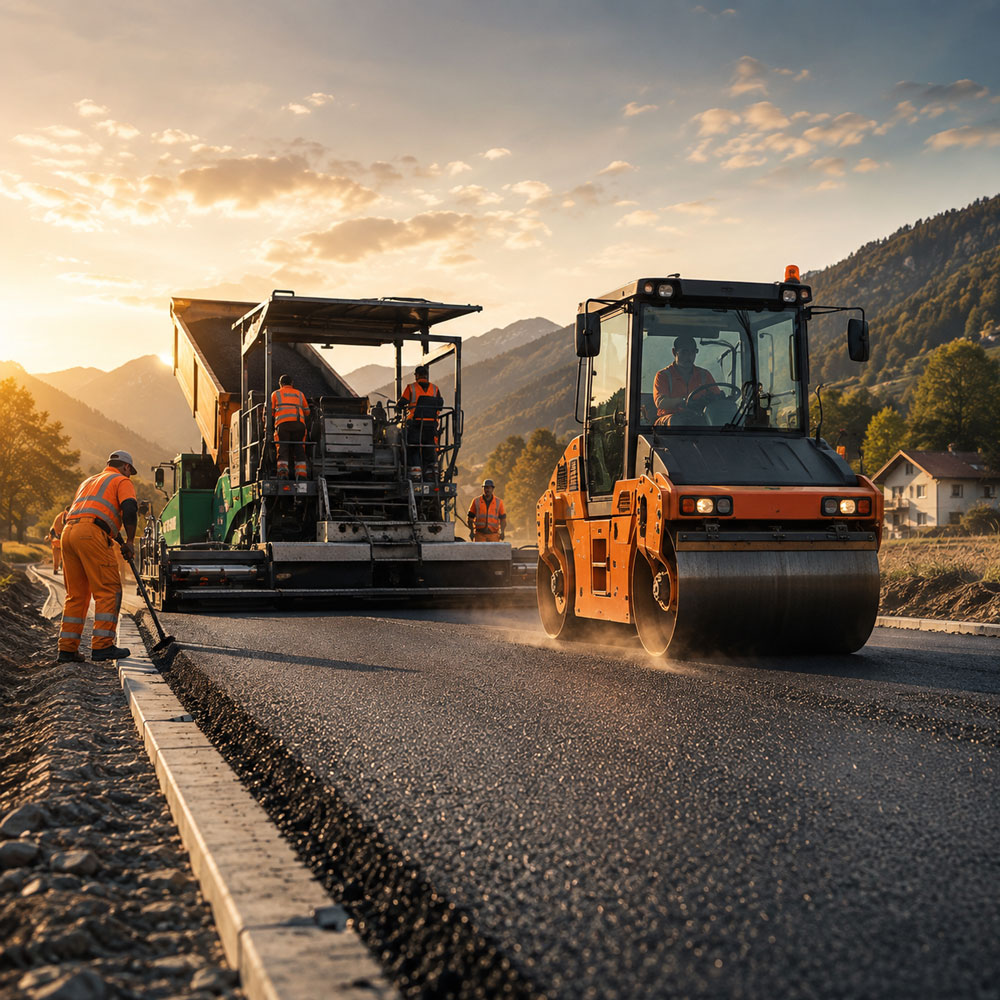 Asphaltfertiger und Straßenwalze bei Straßenbauarbeiten