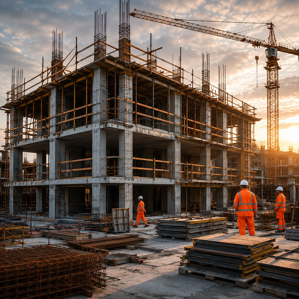 Rohbau eines mehrgeschossigen Gebäudes mit Betonwänden und Baukran